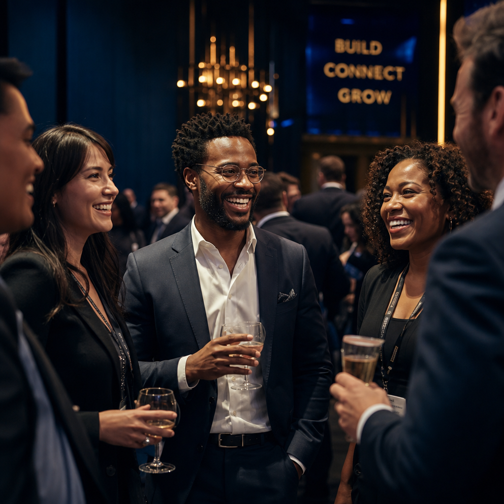 Entrepreneurs networking and celebrating together at an event