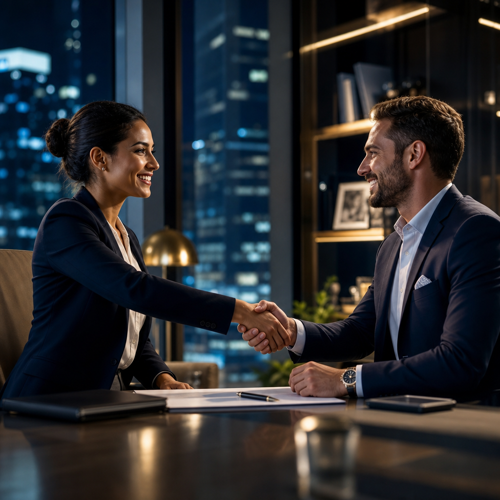 Two entrepreneurs shaking hands after closing a deal